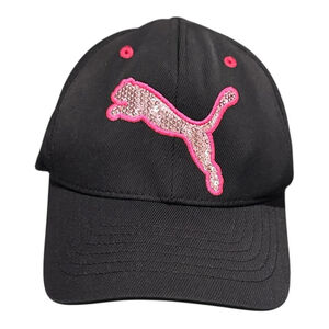 PUMA Hat Cap Strap Back Womens One Size Black Pink Sequin Logo Baseball Sports